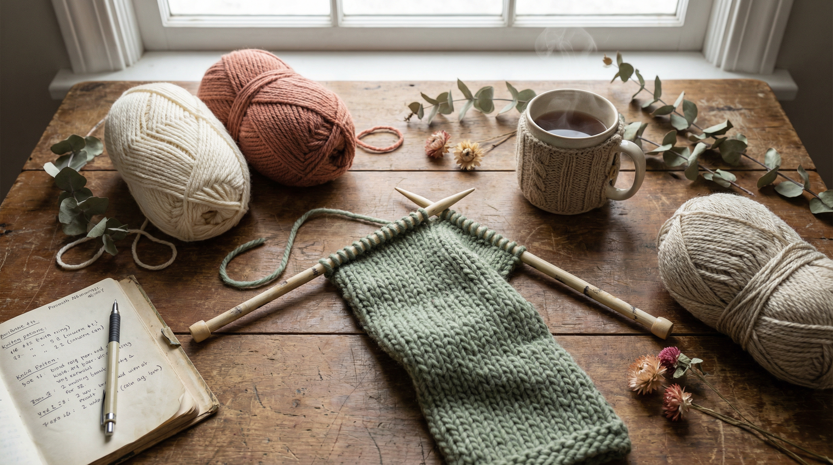 Cozy knitting scene with yarn and tea